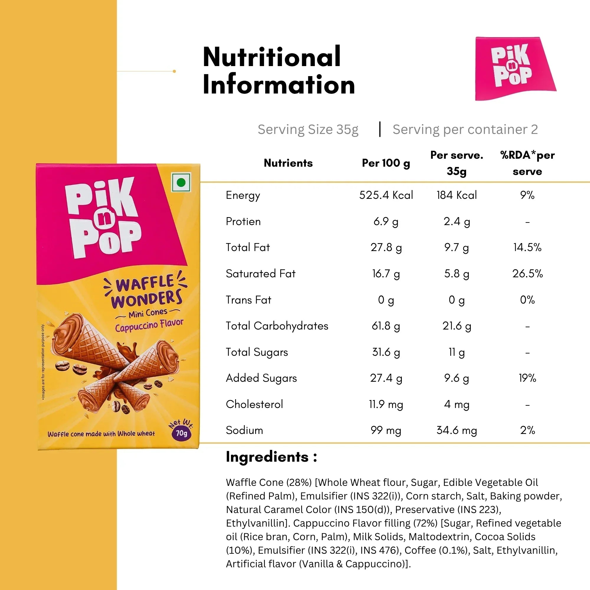 Pik n Pop Waffle Wonders Cappuccino mini cones box with nutritional information and ingredients list.