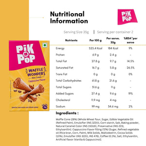 Pik n Pop Waffle Wonders Cappuccino mini cones box with nutritional information and ingredients list.