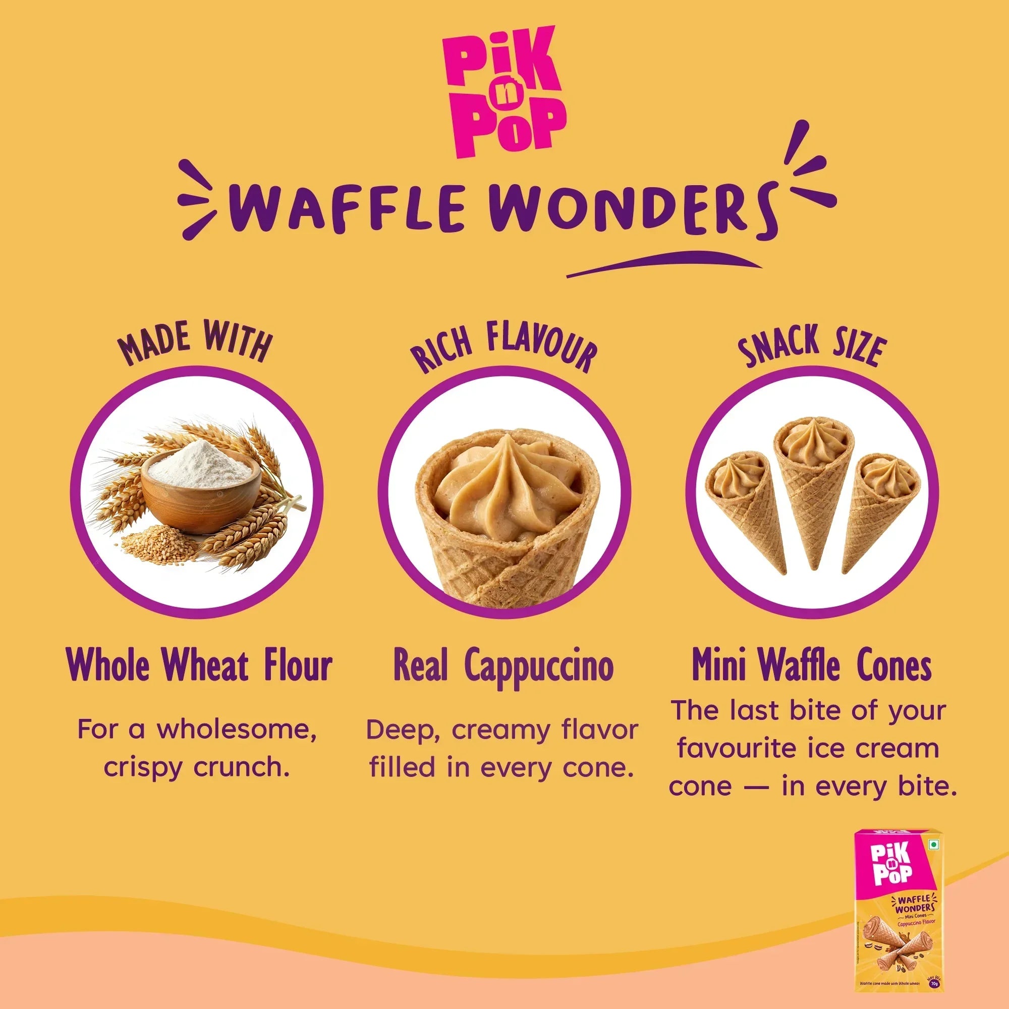 Mini waffle cones with cappuccino filling, made with whole wheat flour, displayed on a yellow background.