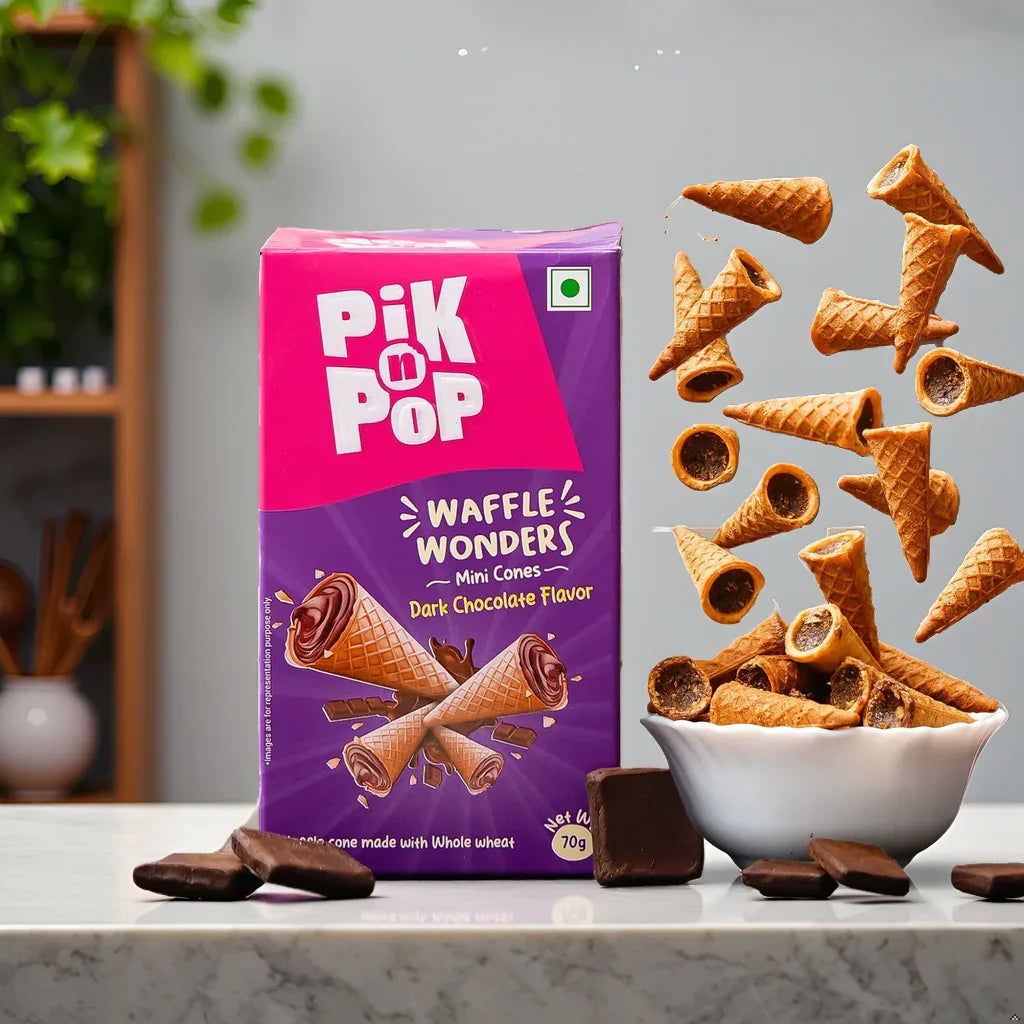 Pik n Pop Waffle Wonders mini cones dark chocolate flavor box with mini waffle cones and chocolate pieces displayed on marble surface