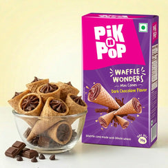 Pik n Pop Waffle Wonders mini cones dark chocolate flavor in bowl with product box
