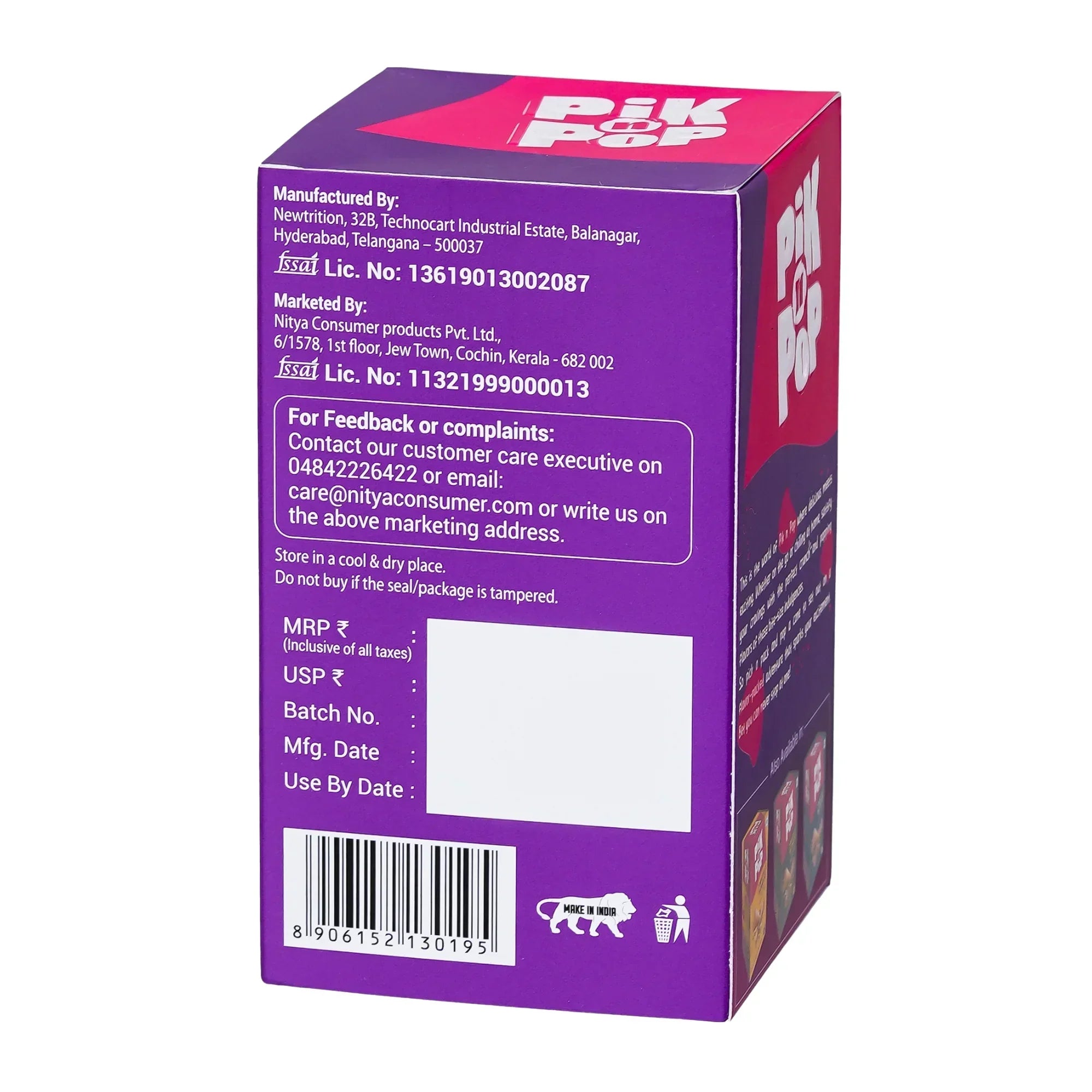 Back view of Pik n Pop dark chocolate box packaging with product details and contact info