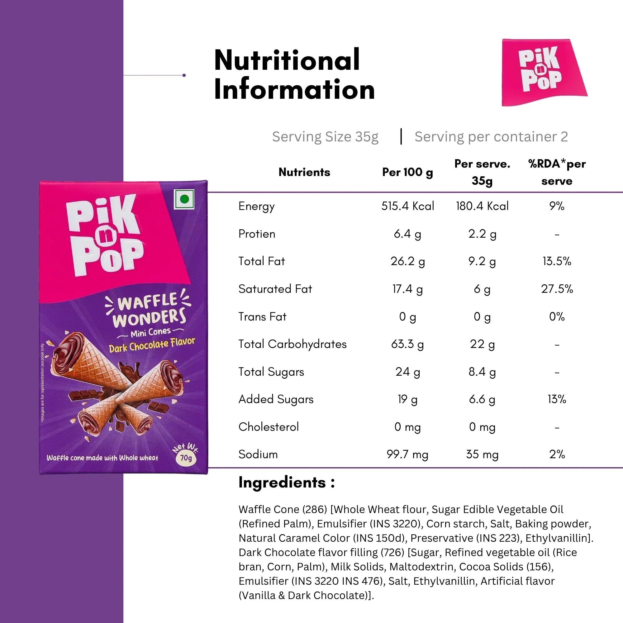 Pik n Pop Waffle Wonders mini cones dark chocolate flavor box with nutritional information and ingredients list.