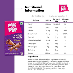 Pik n Pop Waffle Wonders mini cones dark chocolate flavor box with nutritional information and ingredients list.