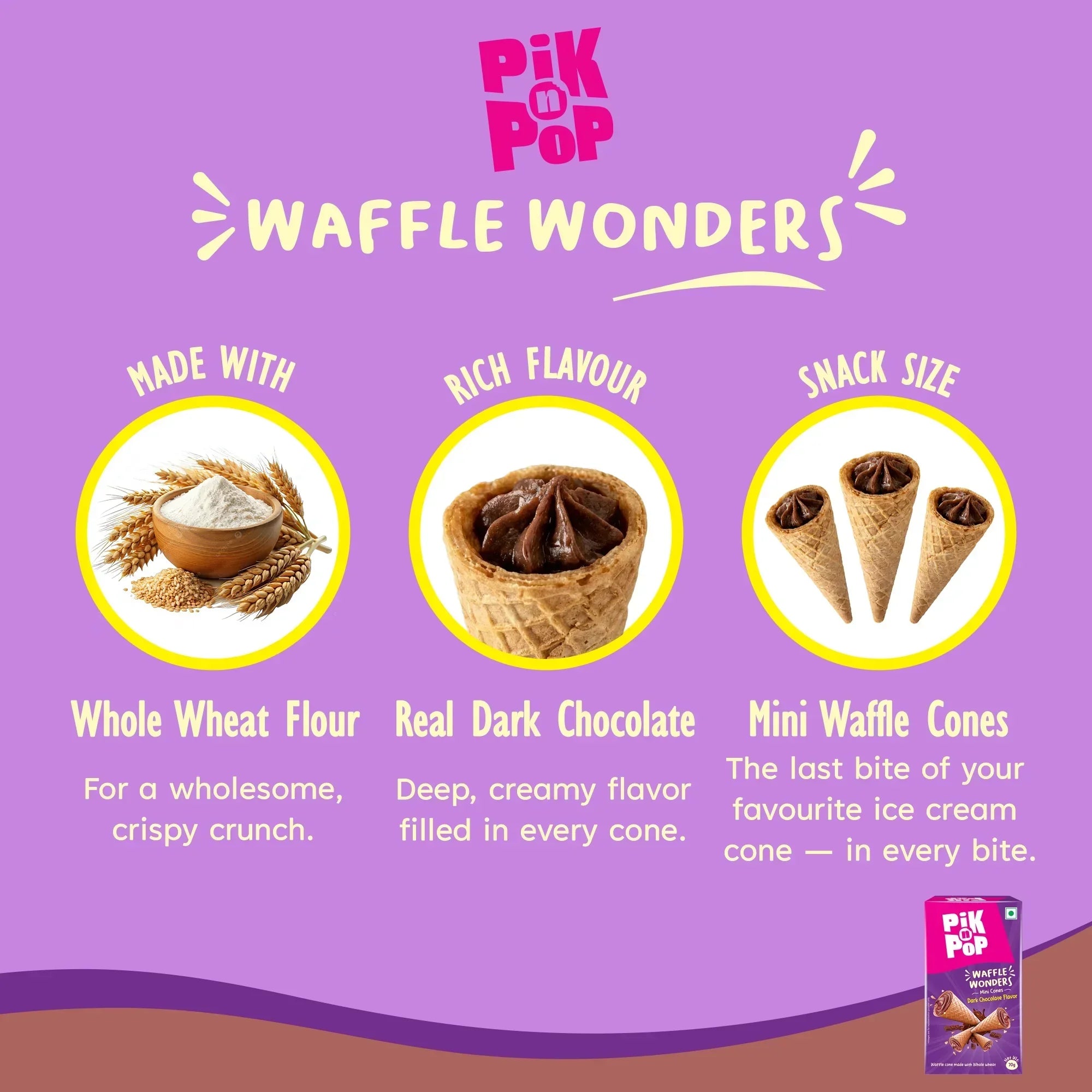 Mini waffle cones filled with dark chocolate, made with whole wheat flour, on a purple background.