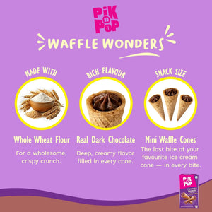 Mini waffle cones filled with dark chocolate, made with whole wheat flour, on a purple background.