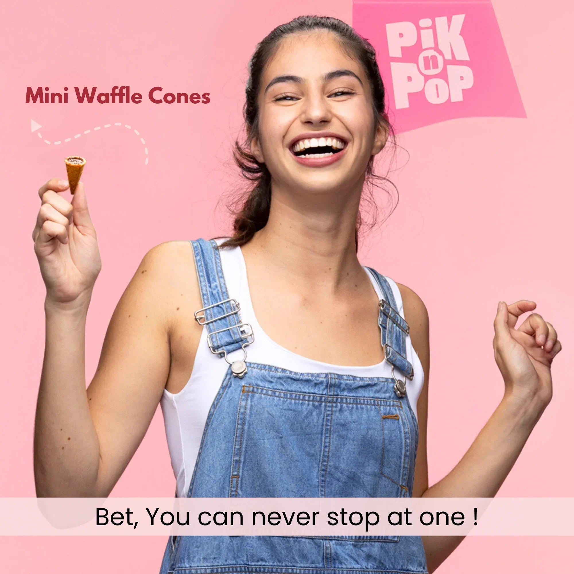 Smiling woman holding a mini waffle cone snack against a pink background, Pik n Pop branding visible.