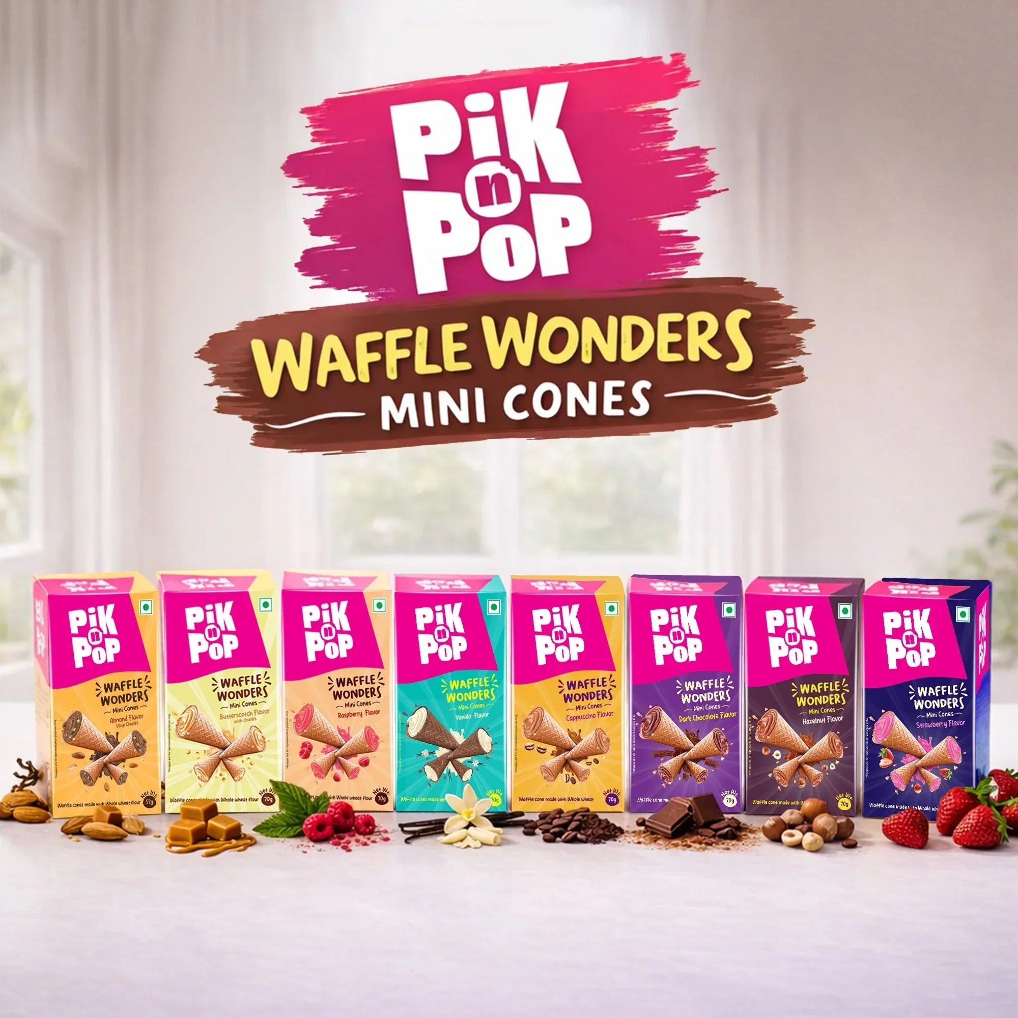Assorted Pik n Pop Waffle Wonders Mini Cones boxes with ingredients on a kitchen counter.