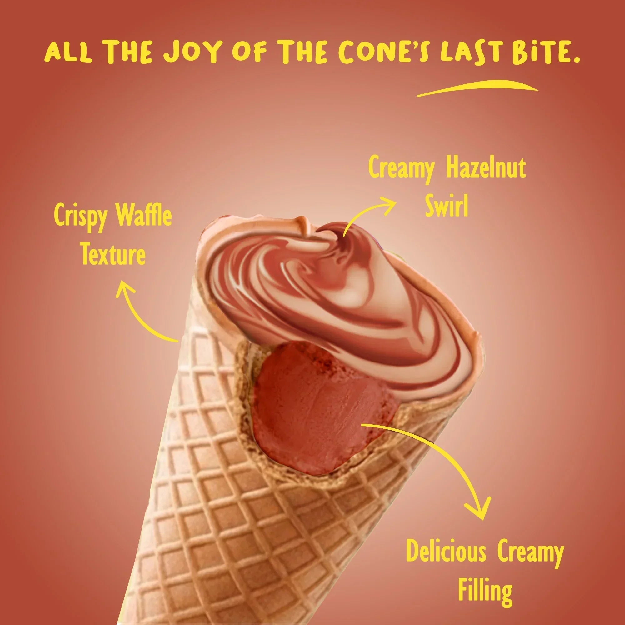 Hazelnut ice cream cone with creamy swirl, crispy waffle texture, and rich creamy filling