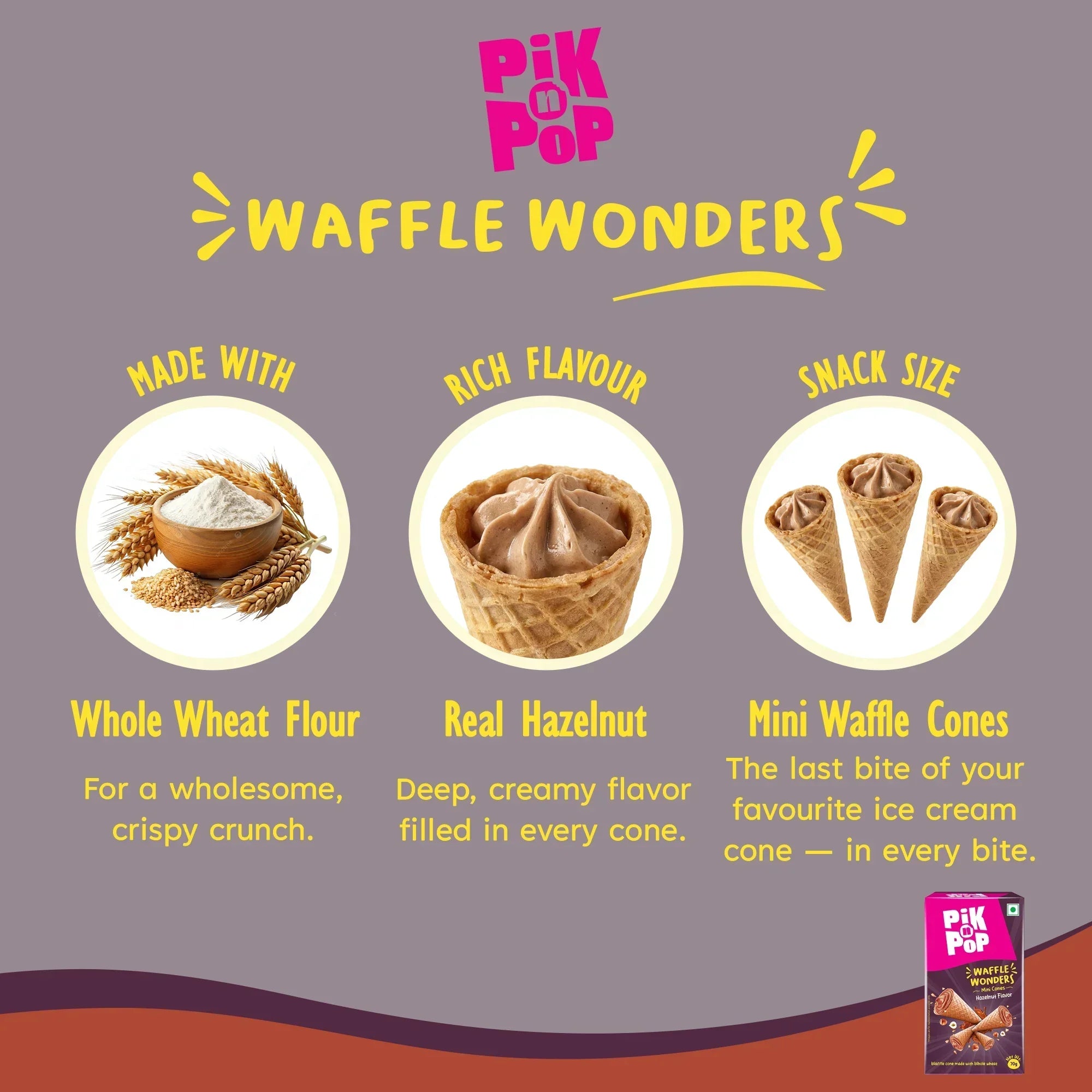 Mini waffle cones with hazelnut filling, made with whole wheat flour, snack-sized treat