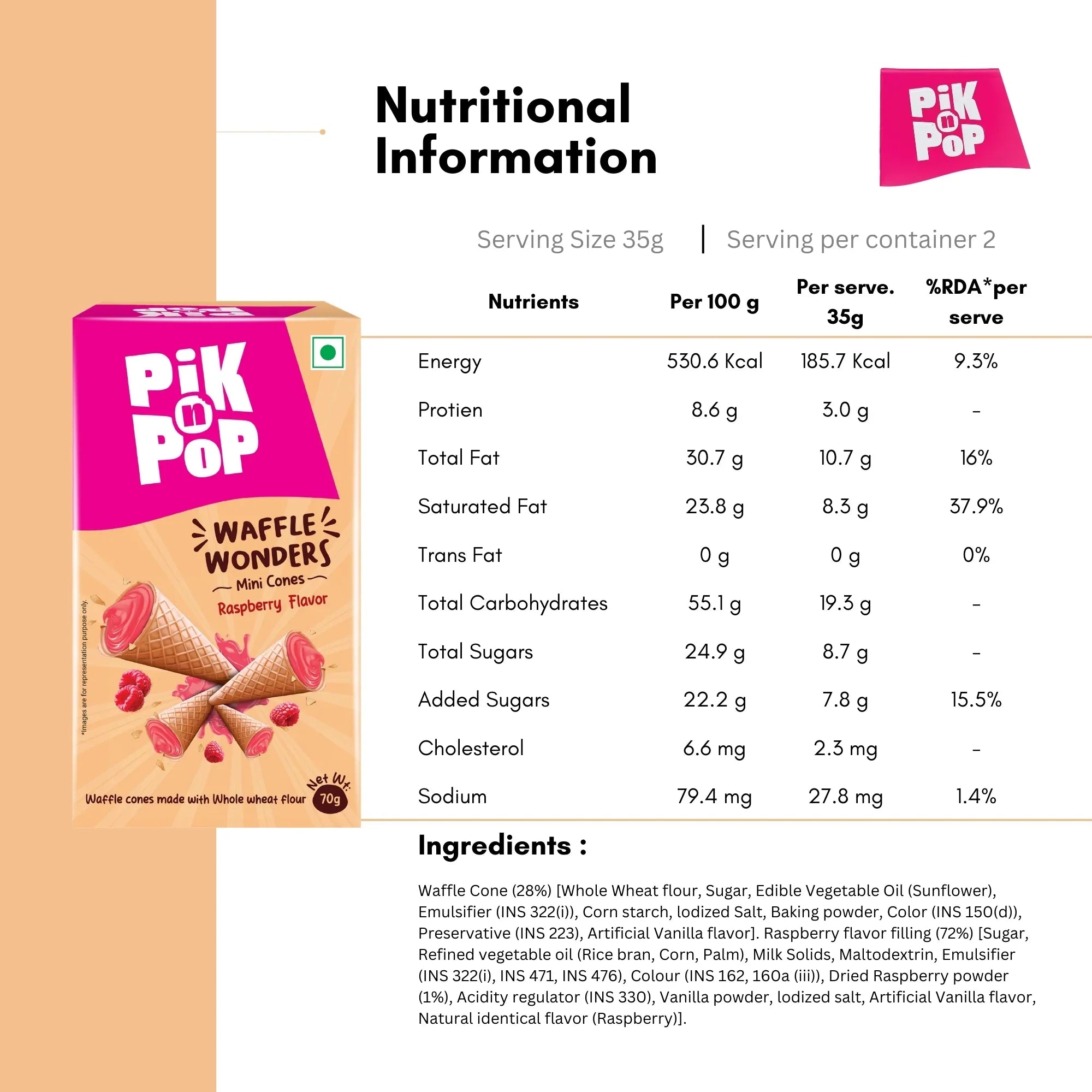 Pik n Pop Waffle Wonders mini cones raspberry flavor box with nutritional information and ingredients list.