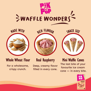 Mini waffle cones with real raspberry filling and whole wheat flour, Pik n Pop Waffle Wonders.