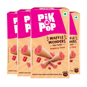 Four Pik n Pop Waffle Wonders mini cones raspberry flavor boxes with raspberries and cones on packaging.