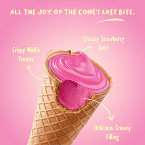 Strawberry swirl ice cream cone with crispy waffle texture and creamy filling on pink background