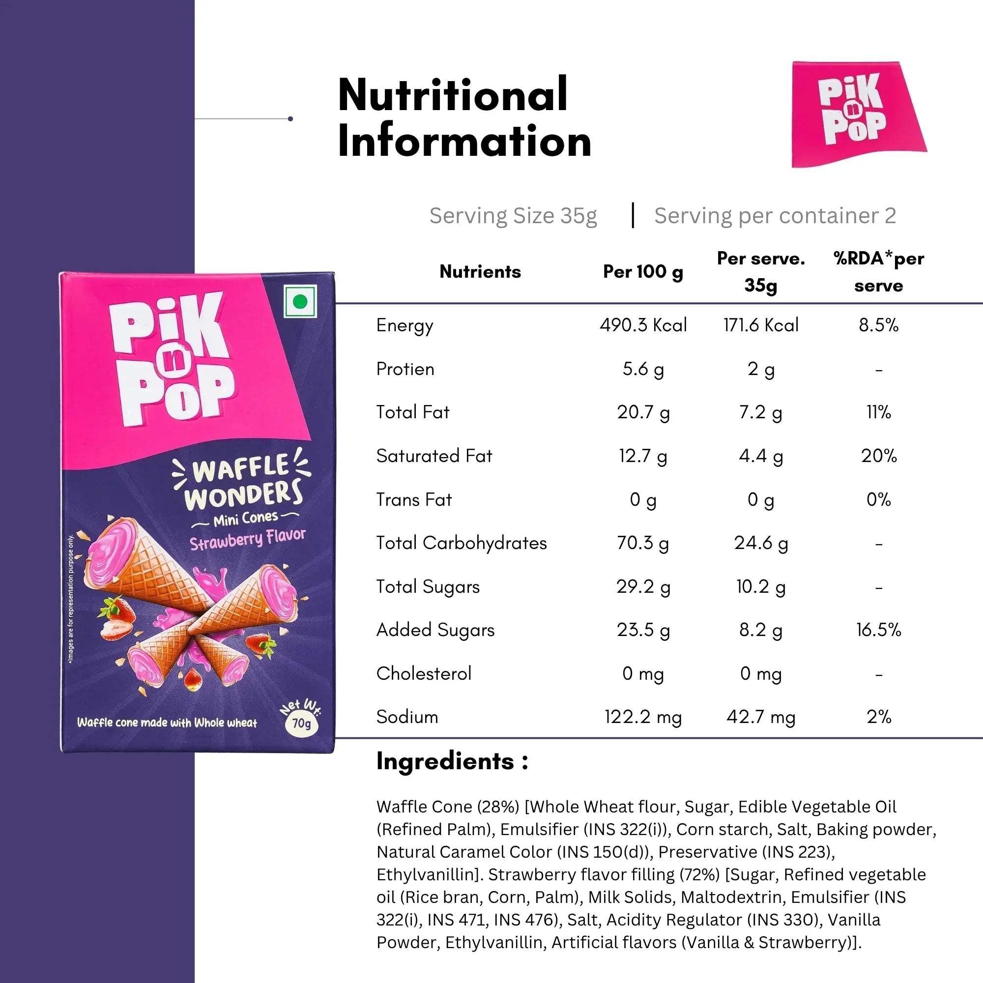 Pik n Pop Waffle Wonders Mini Cones Strawberry Flavor box with nutritional information and ingredients list displayed.