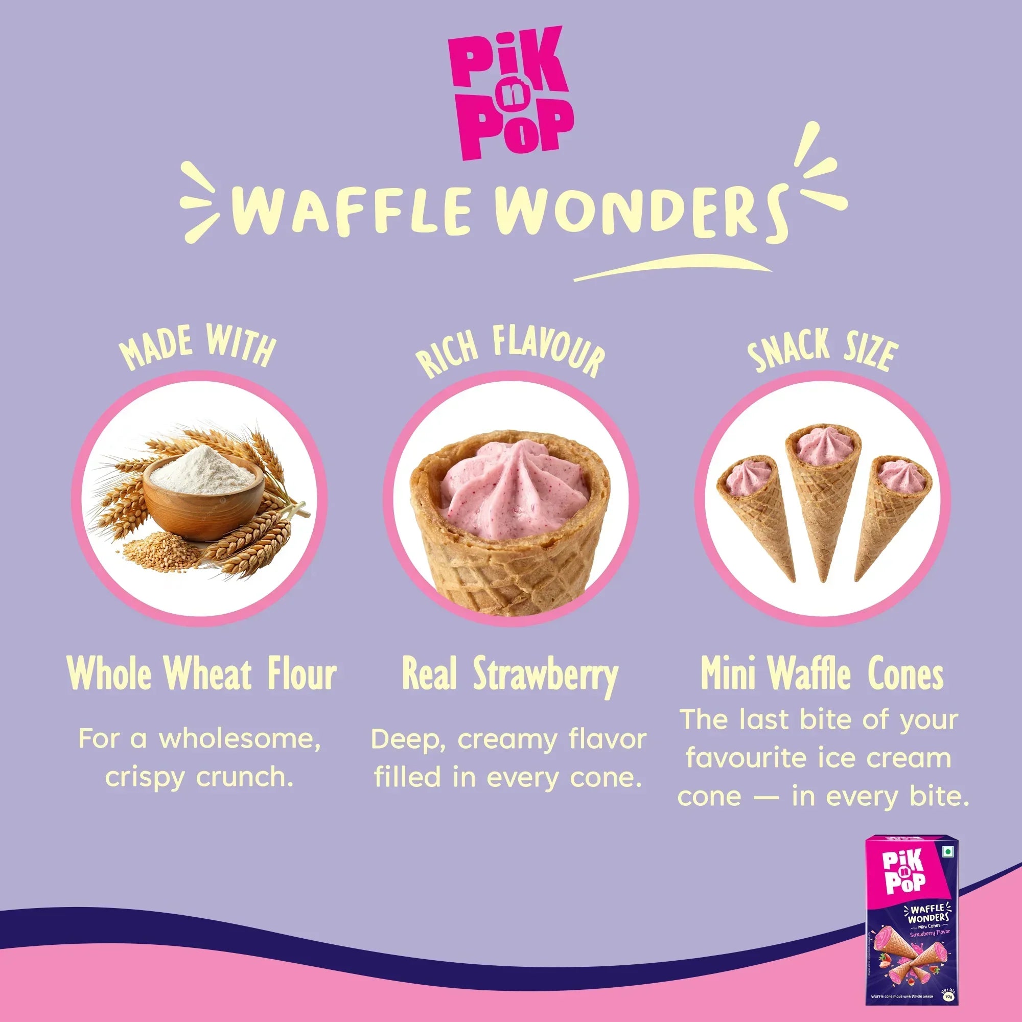 Pik n Pop Waffle Wonders mini strawberry waffle cones made with whole wheat flour, snack size, creamy filling