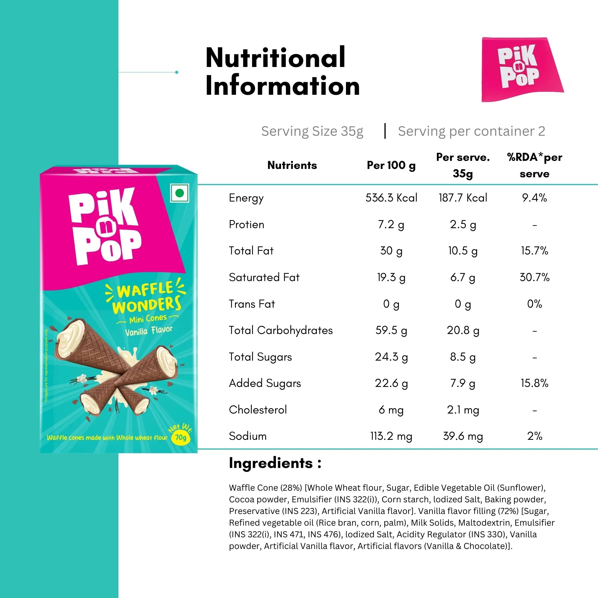 Pik n Pop Waffle Wonders mini cones vanilla flavor box with nutritional information and ingredients list.