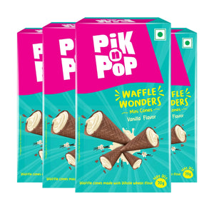 Pack of four Pik n Pop Waffle Wonders mini cones vanilla flavor boxes, 70g each