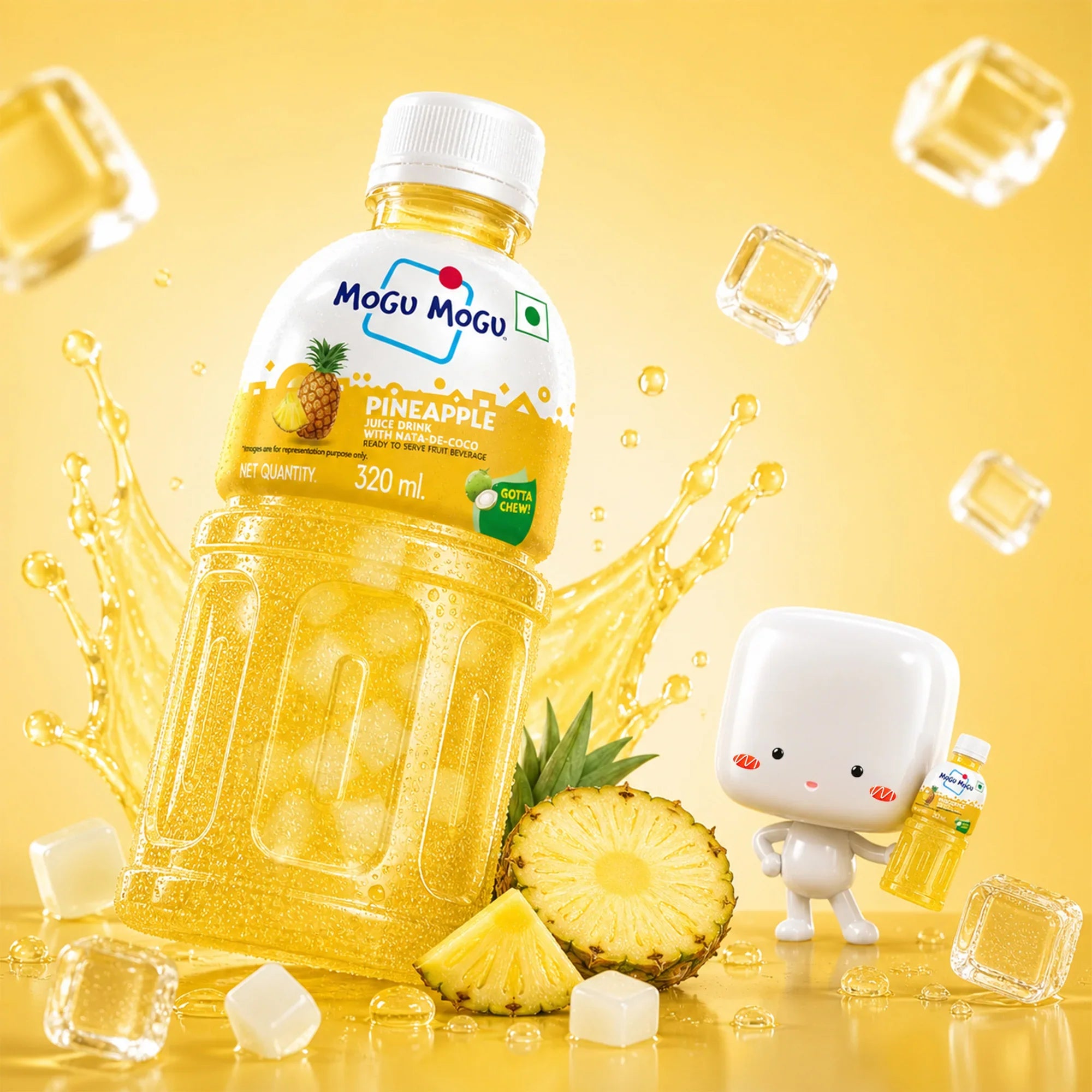 Mogu Mogu Pineapple Juice Drink with Nata-de-Coco, 320ml, refreshing tropical beverage with ice cubes and fruit slices