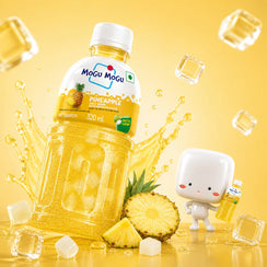Mogu Mogu Pineapple Juice Drink with Nata-de-Coco, 320ml, refreshing tropical beverage with ice cubes and fruit slices