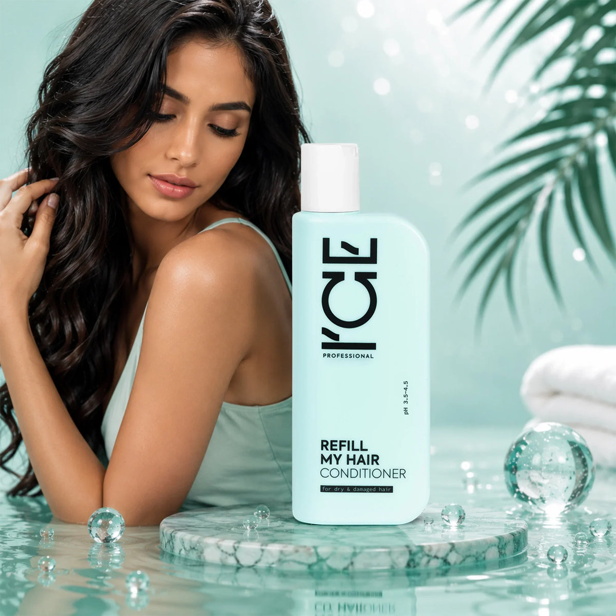 Woman with long wavy hair next to a bottle of I'CE Professional Refill My Hair Conditioner