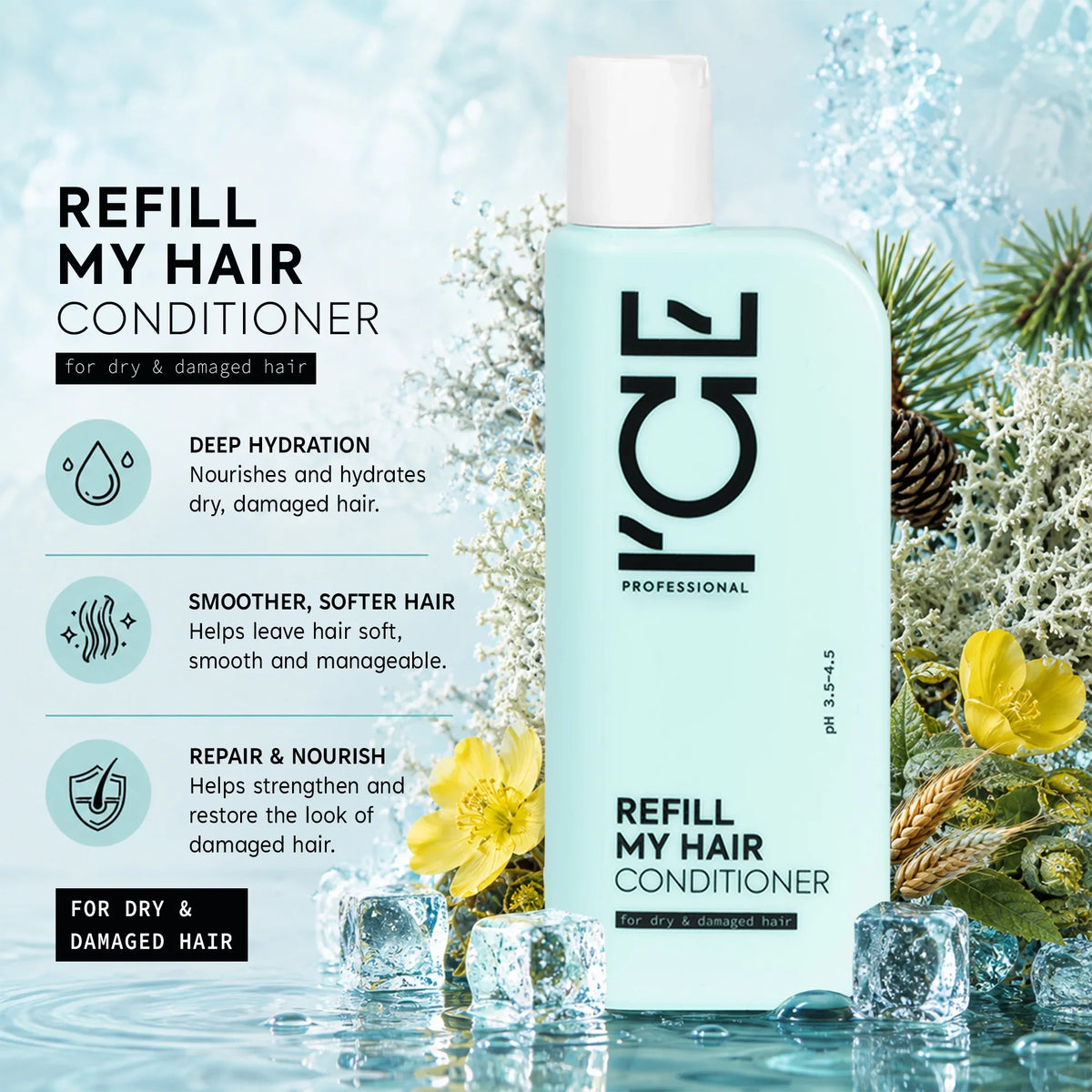 Ice Professional Refill My Hair Conditioner for dry and damaged hair in a light blue bottle.