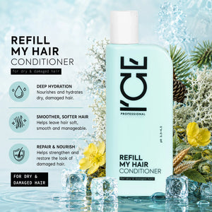Ice Professional Refill My Hair Conditioner for dry and damaged hair in a light blue bottle.