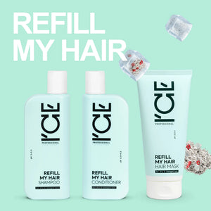 I'ce Professional Refill My Hair shampoo, conditioner, and hair mask set for dry damaged hair.