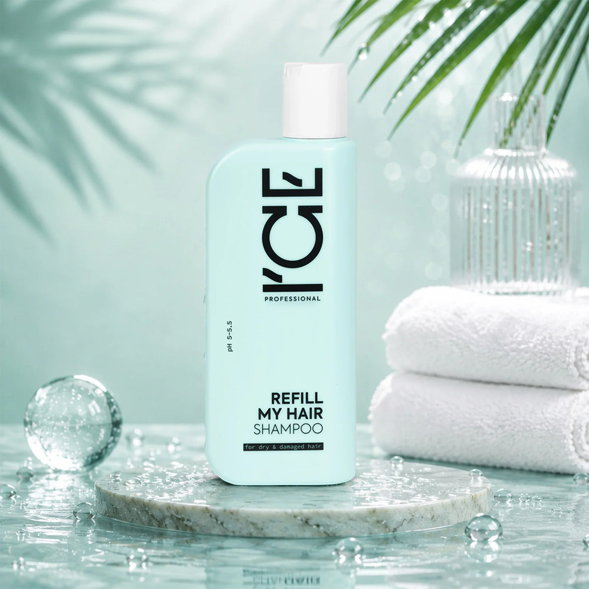 ICE Professional Refill My Hair Shampoo for dry and damaged hair in a mint green bottle.