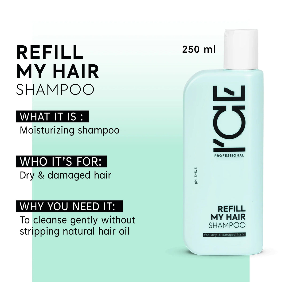 Refill My Hair Shampoo for dry and damaged hair, 250 ml moisturizing formula.