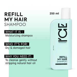 Refill My Hair Shampoo for dry and damaged hair, 250 ml moisturizing formula.