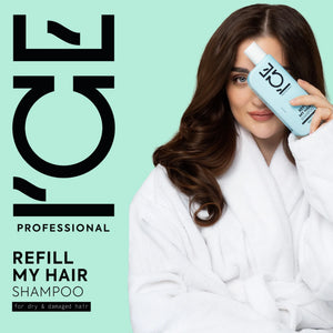 Woman in a white robe holding a light blue bottle of ICE Professional Refill My Hair Shampoo