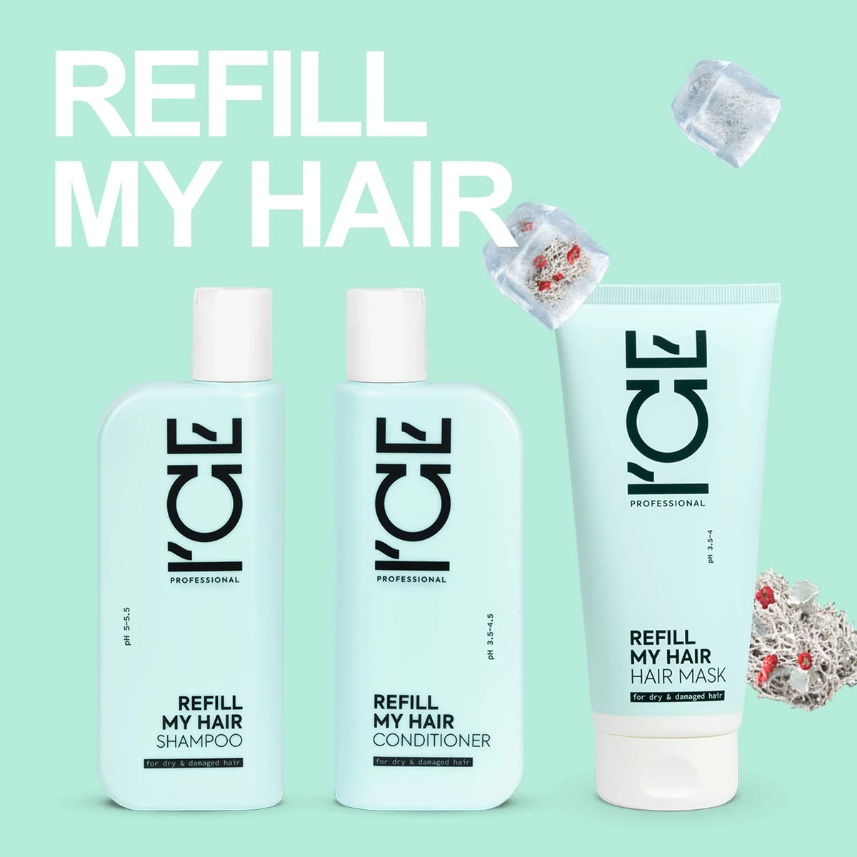 I'CE Professional Refill My Hair shampoo, conditioner, and hair mask set for dry damaged hair