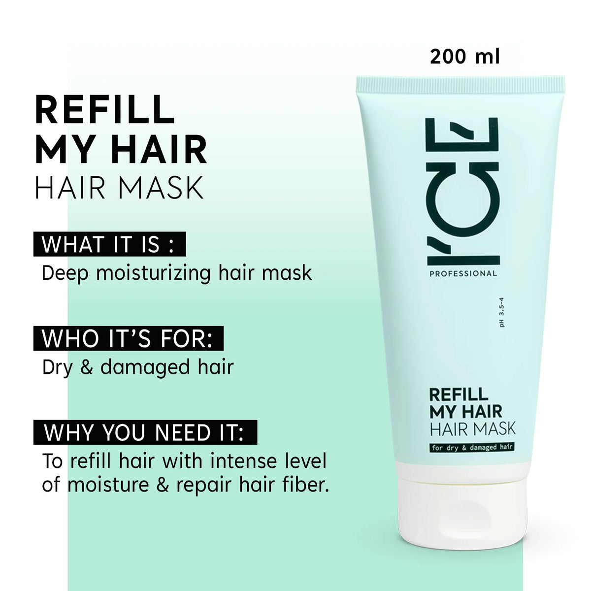 Refill My Hair deep moisturizing hair mask for dry and damaged hair, 200 ml tube.