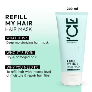 Refill My Hair deep moisturizing hair mask for dry and damaged hair, 200 ml tube.