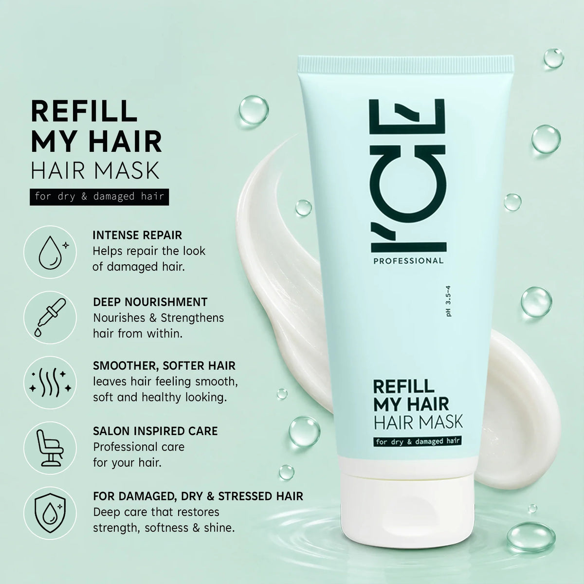 Refill My Hair mask for dry and damaged hair in a light blue tube with creamy texture.