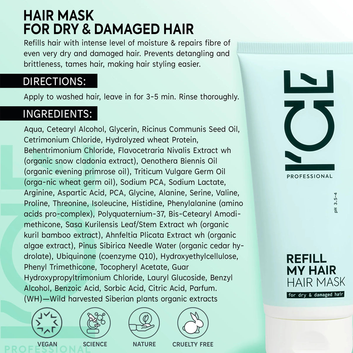 ICE Professional Refill My Hair Mask for dry and damaged hair, showing ingredients and directions.