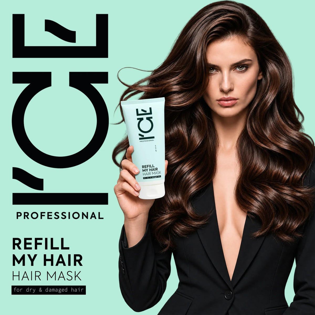 Woman with wavy brown hair holding I'CE Professional Refill My Hair Hair Mask for dry damaged hair