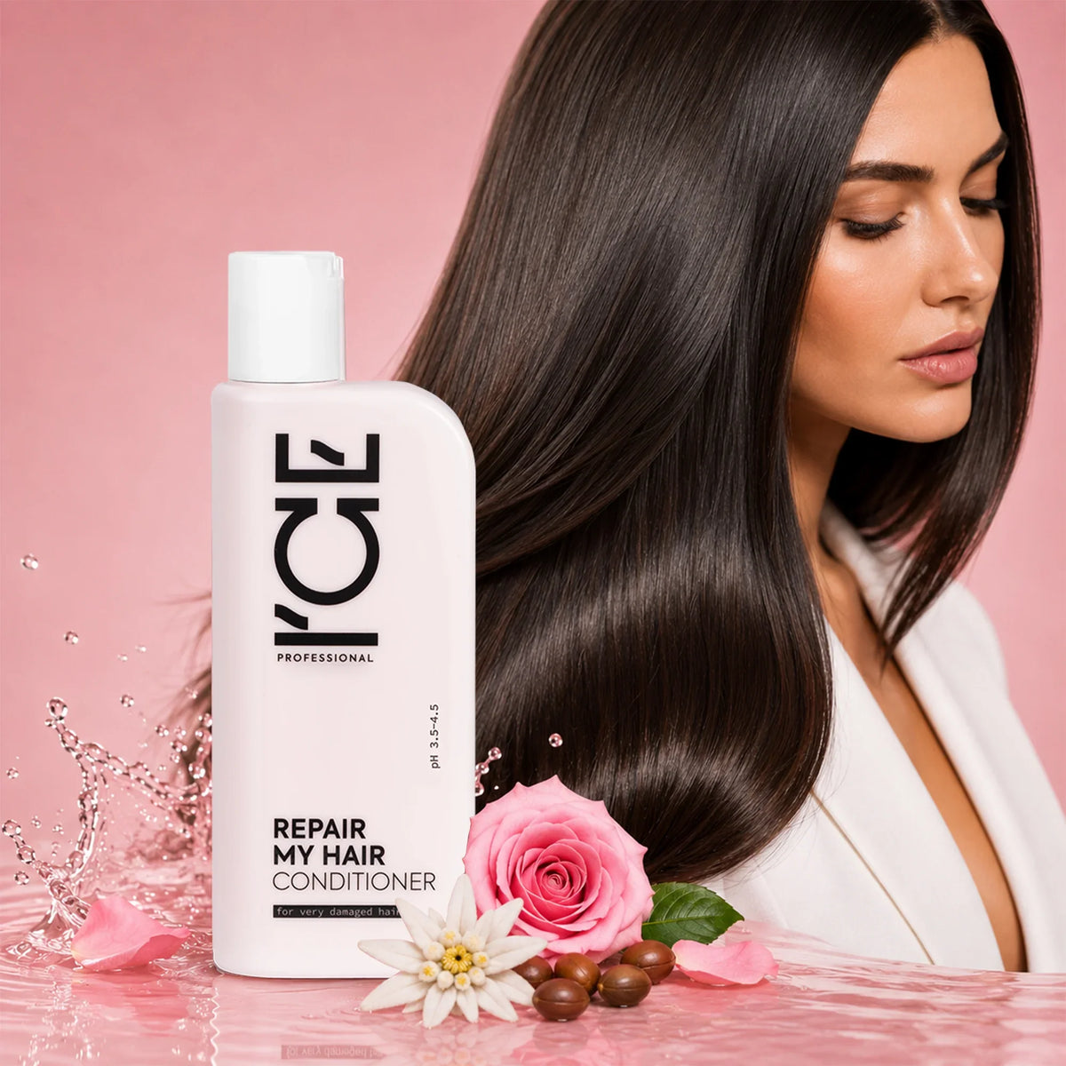 L'ICE Professional Repair My Hair Conditioner for damaged hair with a woman and pink roses.