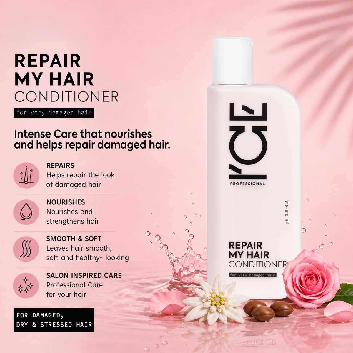 ICE Professional Repair My Hair Conditioner for very damaged hair with floral elements.