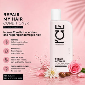 ICE Professional Repair My Hair Conditioner for very damaged hair with floral elements.