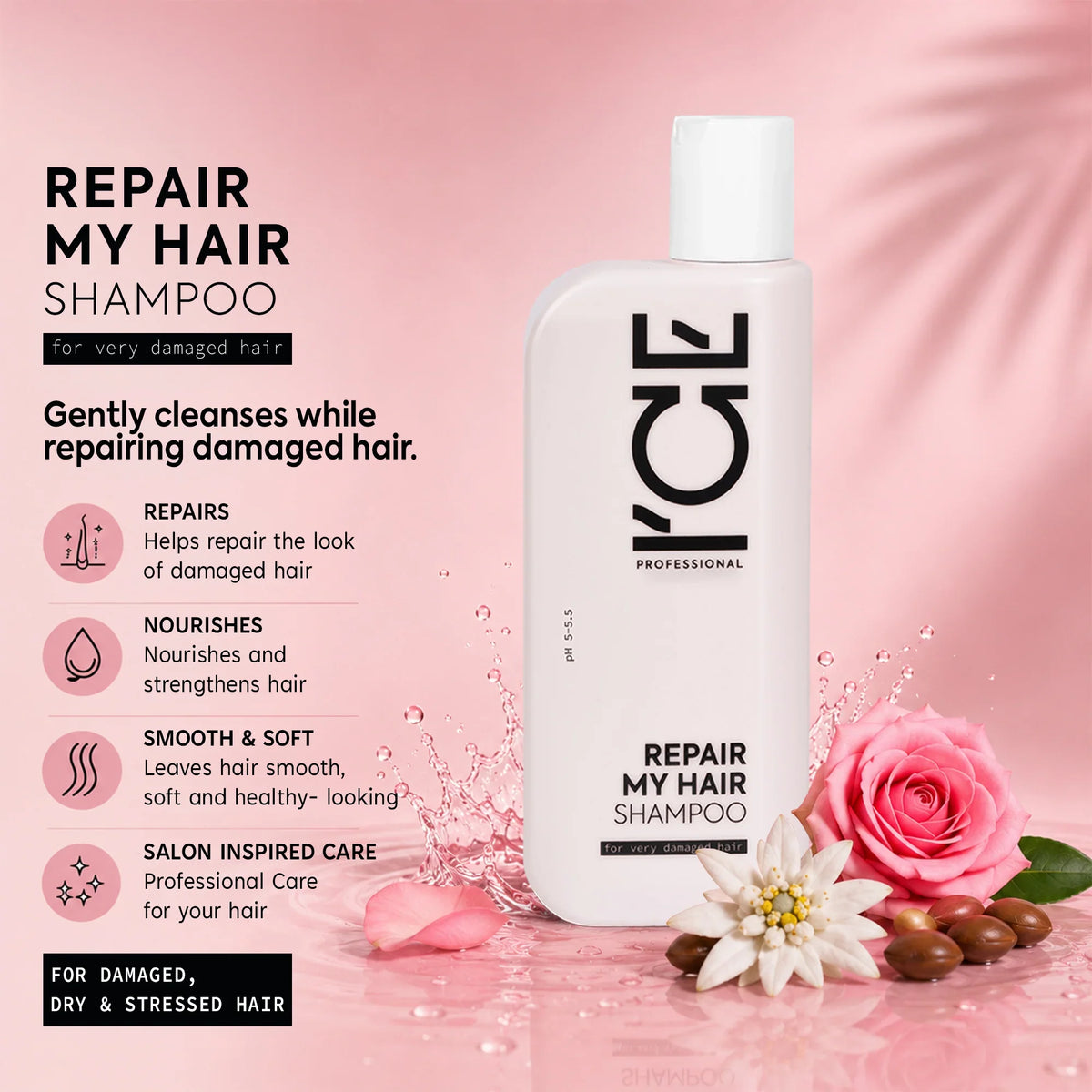 Repair My Hair Shampoo for damaged, dry, and stressed hair in a white bottle with pink roses.
