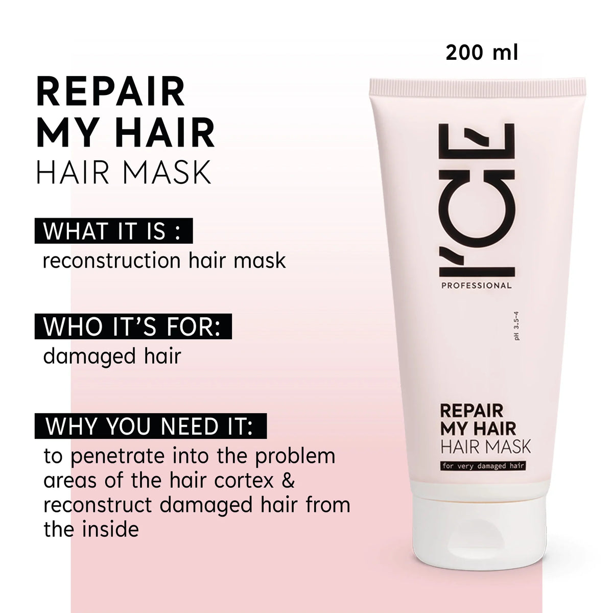 ICE Professional Repair My Hair Mask 200ml for damaged hair reconstruction.