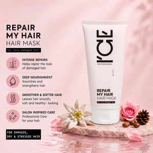 ICE Professional Repair My Hair Mask for very damaged hair, presented with flowers.