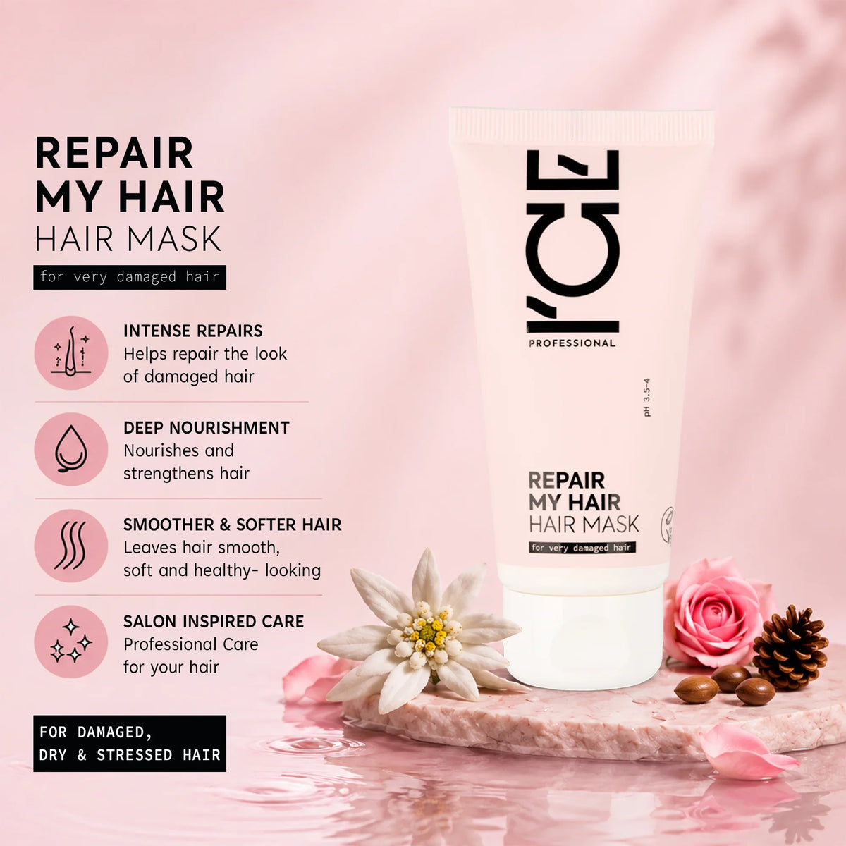 I'CE Professional Repair My Hair Hair Mask for damaged hair with floral accents.