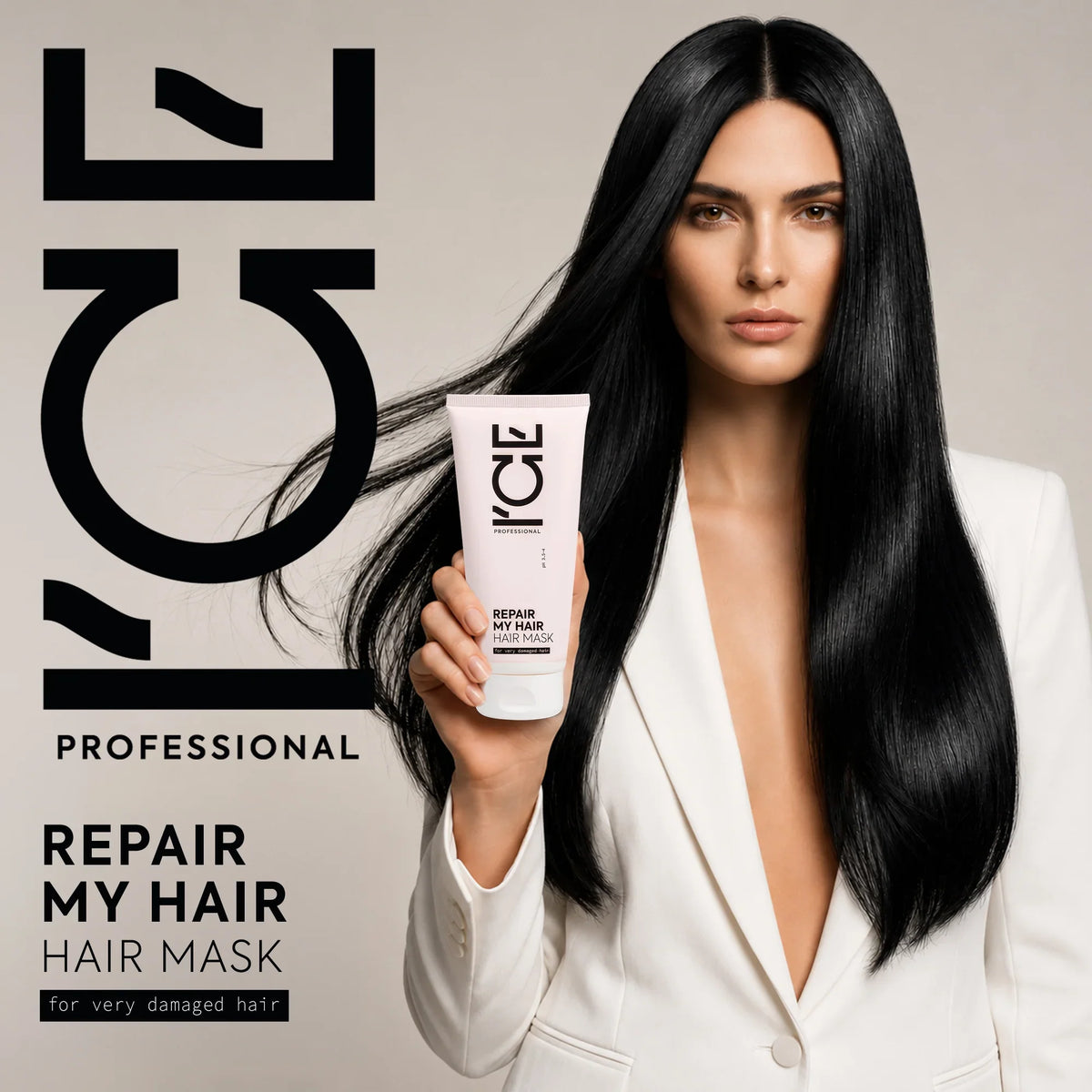 Woman holding L'CE Professional Repair My Hair hair mask for very damaged hair.