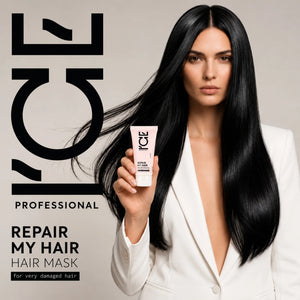 Woman with long black hair holding a tube of ICE Professional Repair My Hair Mask.