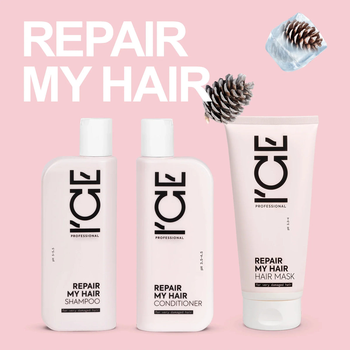 ICE Professional Repair My Hair shampoo, conditioner, and hair mask set on pink background.
