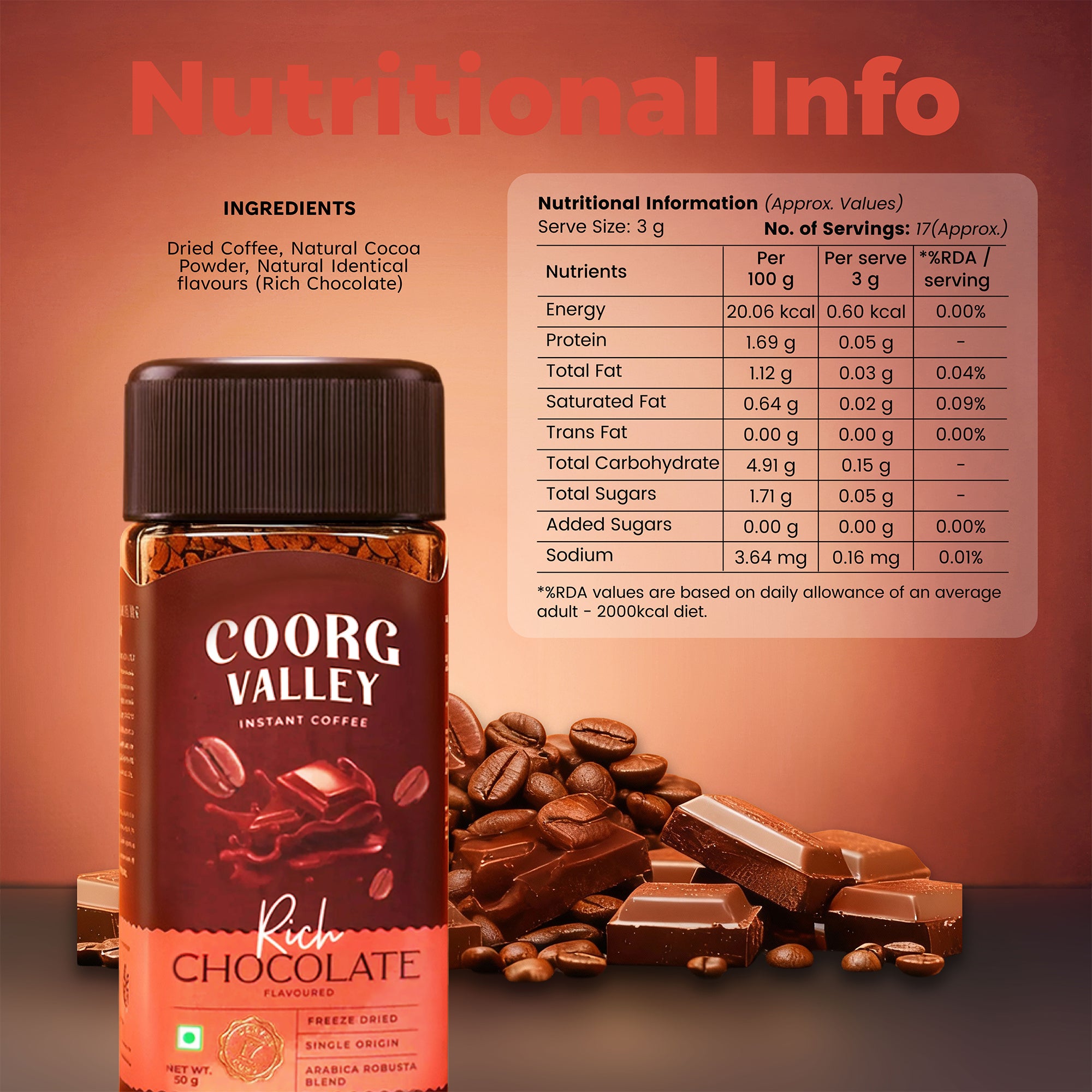 A bottle of Coorg Valley Rich Chocolate Instant Coffee is shown against a warm brown gradient background with coffee beans and chocolate pieces. A large 'Nutritional Info' panel and ingredient list are displayed on the right side of the image.