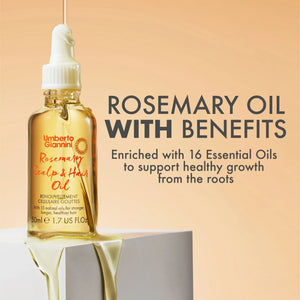 Umberto Giannini Rosemary Scalp & Hair Oil bottle with dropper dripping oil on beige block, promoting hair growth
